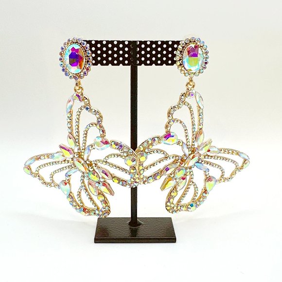 Aurora Borealis Rhinestone Large Butterfly Earring - Picture 3 of 11